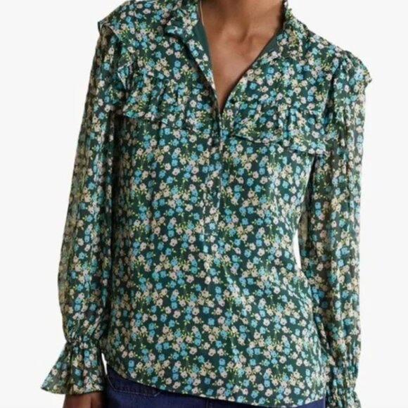 BODEN Zoe Frill Detail Blouse Midnight Garden Sprig Floral Green  Size 2P - Picture 2 of 9
